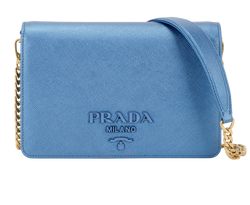 Small Lux Chain Logo Flap, Saffiano, Metallic Blue, 62D, DB/S/M, 3*